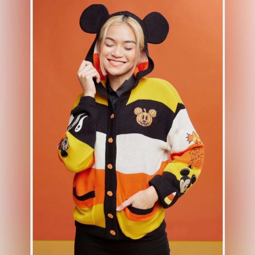 Her Universe Mickey Ear Hooded Cardigan in Yellow, Black, White, Orange